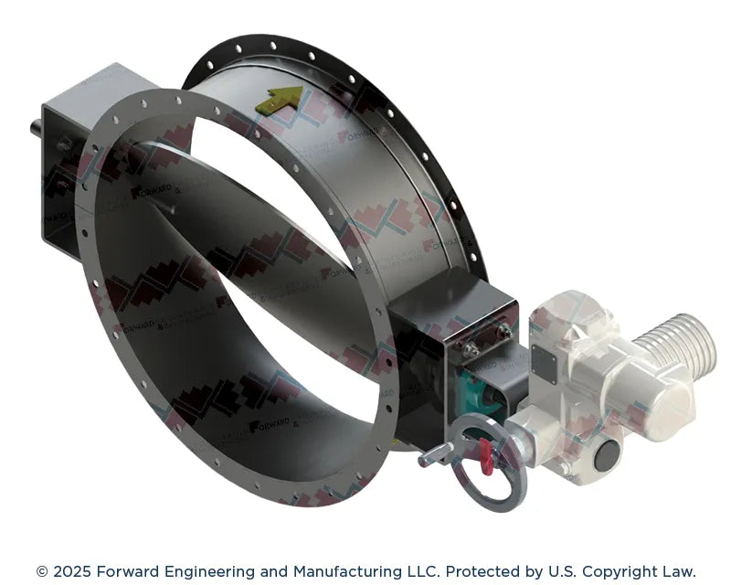 Damper circular butterfly FE&M B110 en posicion abierta